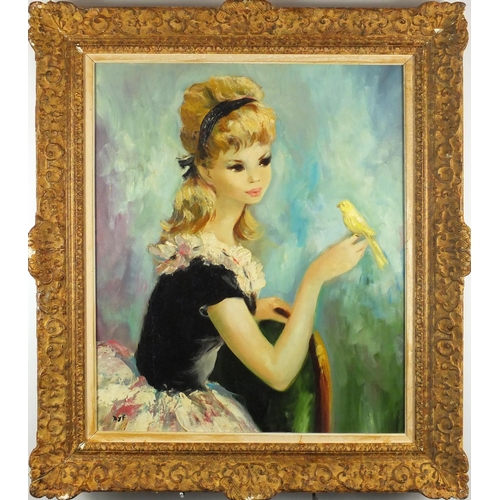 173 - School of Marcel Dyf - Portrait of a young female holding a bird, oil on board, mounted and framed, ... 