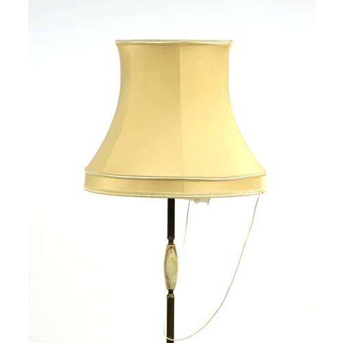 90 - Onyx and brass standard lamp and three table lamps with shades