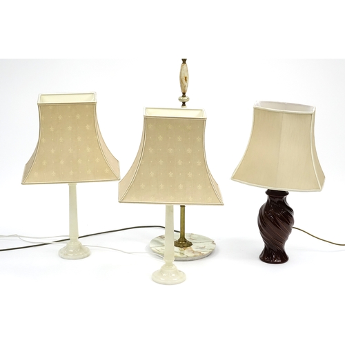 90 - Onyx and brass standard lamp and three table lamps with shades