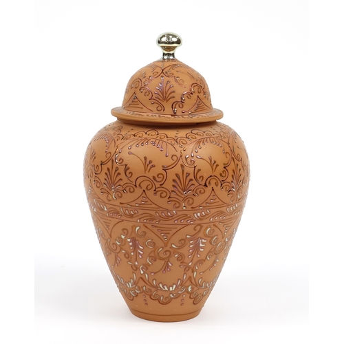 101 - Hand painted terracotta vase and cover, 47cm high