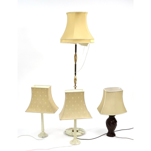 90 - Onyx and brass standard lamp and three table lamps with shades