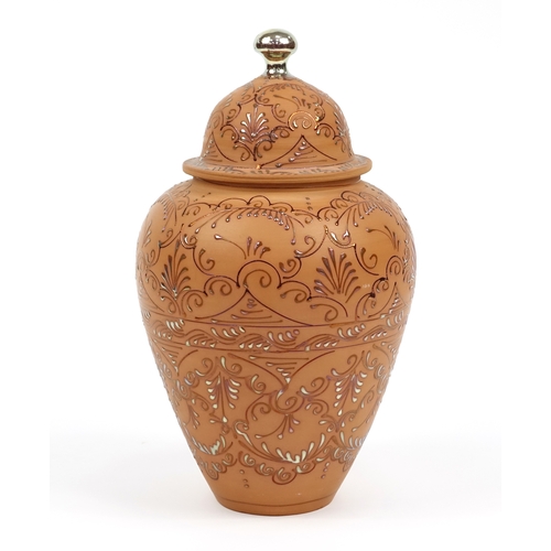 101 - Hand painted terracotta vase and cover, 47cm high