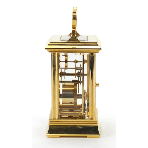 2145 - Halcyon Days enamel brass cased carriage clock, with Roman numerals and fitted box, 12cm high