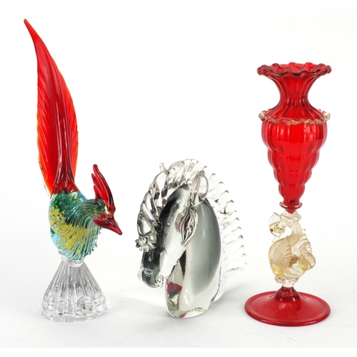 2222 - Murano glassware including a ruby red vase, with gold flecked swan stem and a horse head, the larges... 