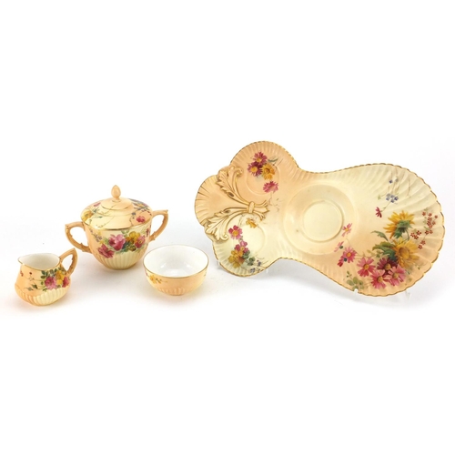 2102 - Royal Worcester blush ivory cabaret set on stand, decorated with flowers, the stand 28cm wide