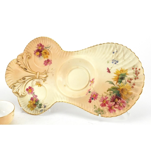 2102 - Royal Worcester blush ivory cabaret set on stand, decorated with flowers, the stand 28cm wide