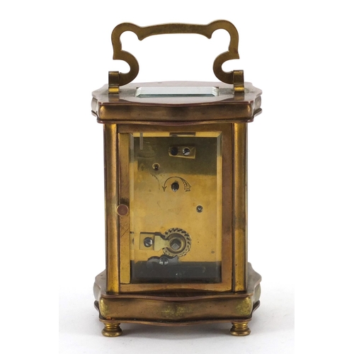 2097 - French brass cased carriage clock, with enamelled dial and Roman numerals, 12cm high