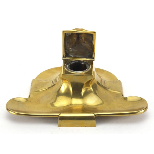 2095 - German Art Nouveau brass desk inkwell, with glass liner, 22.5cm wide