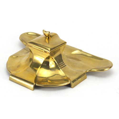 2095 - German Art Nouveau brass desk inkwell, with glass liner, 22.5cm wide