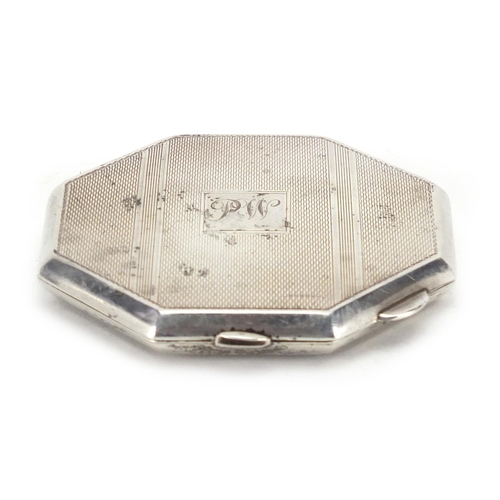 2394 - Octagonal silver compact with engine turned decoration by Broadway & Co Birmingham 1947, 7.5cm W, ap... 