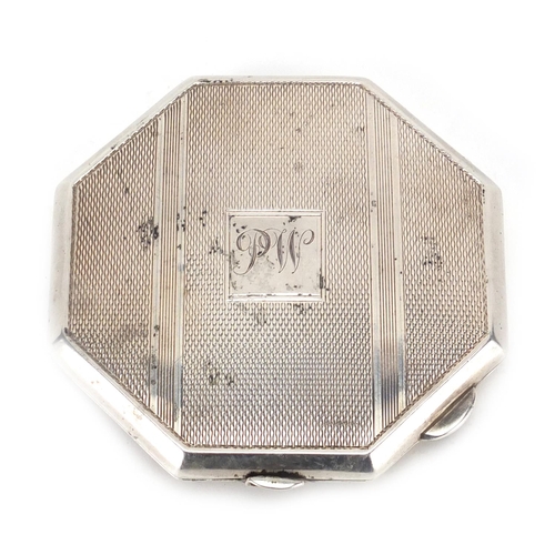 2394 - Octagonal silver compact with engine turned decoration by Broadway & Co Birmingham 1947, 7.5cm W, ap... 