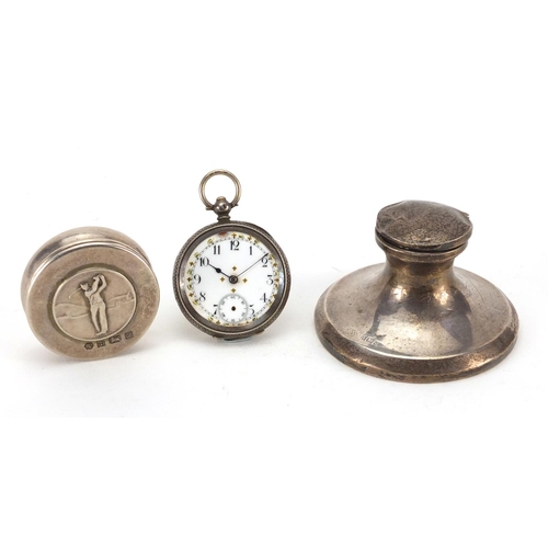 2401 - Silver items comprising Capstan inkwell, a golfing trinket and ladies pocket watch, various hallmark... 