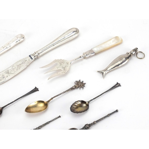 2399 - Silver and white metal cutlery including teaspoons and a Victorian fish knife, various hallmarks, th... 