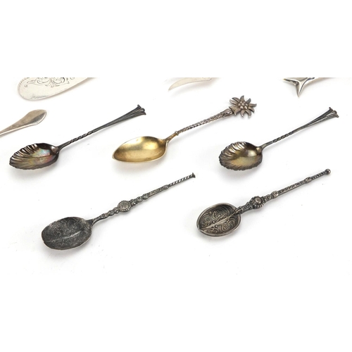 2399 - Silver and white metal cutlery including teaspoons and a Victorian fish knife, various hallmarks, th... 