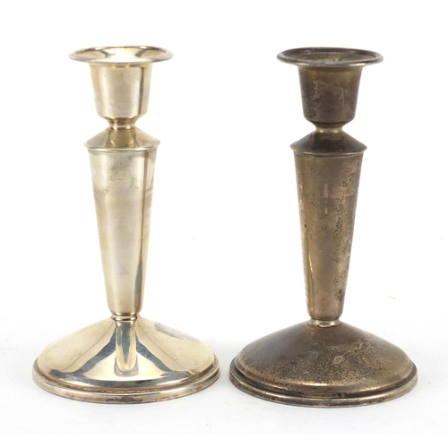 2414 - Pair of silver circular based candlesticks with tapering columns by W I Broadway & Co. Birmingham 19... 