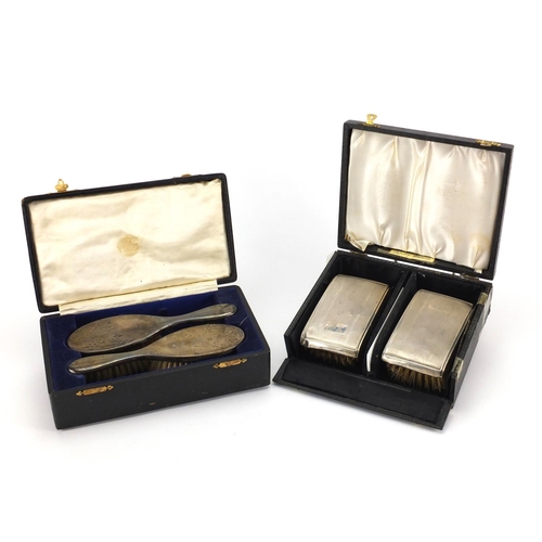 2411 - Two pairs of silver brushes, one pair with engine turned decoration, Birmingham and London hallmarks... 