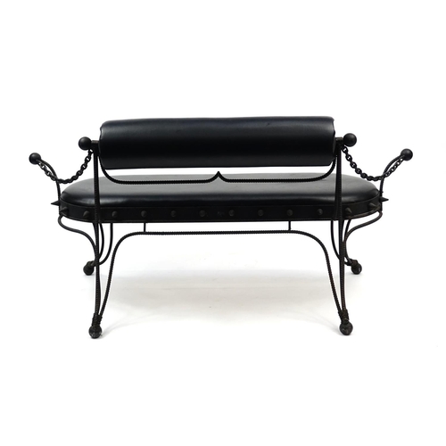 2052 - Gothic style cast iron and faux leather bench, 155cm wide