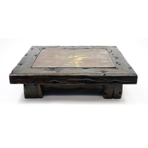 2030 - Indonesian driftwood low table with inset metal panel, 31cm H x 120cm W x 106cm D