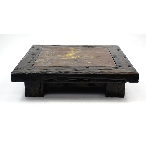 2030 - Indonesian driftwood low table with inset metal panel, 31cm H x 120cm W x 106cm D