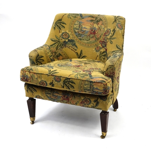 2033 - Mahogany framed tub chair, with parrots and figure on camel upholstery, 83cm high (OPTION)