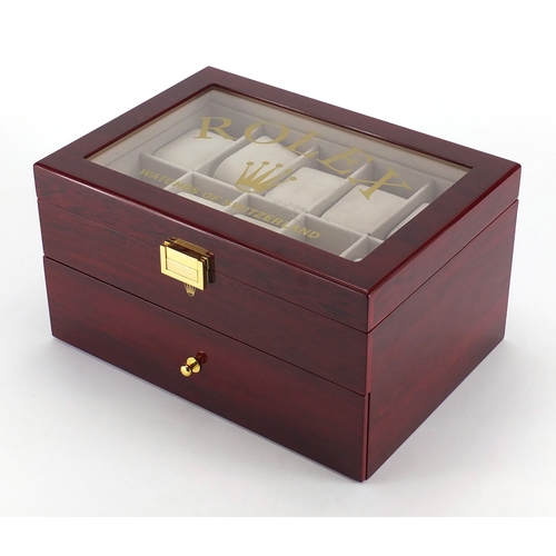 2146 - Rolex cherry wood dealers display box, with base drawer and dust bag, 16cm H x 29cm W x 20.5cm D