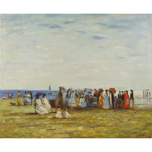 2161 - Figures on a beach, French impressionist oil on canvas, bearing an indistinct signature, possibly Bu... 