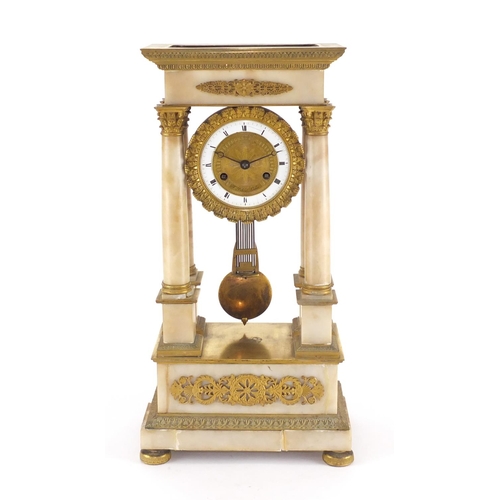 2177 - 19th century gilt metal and alabaster mantel clock, with enamelled dial and Roman numerals, the dial... 