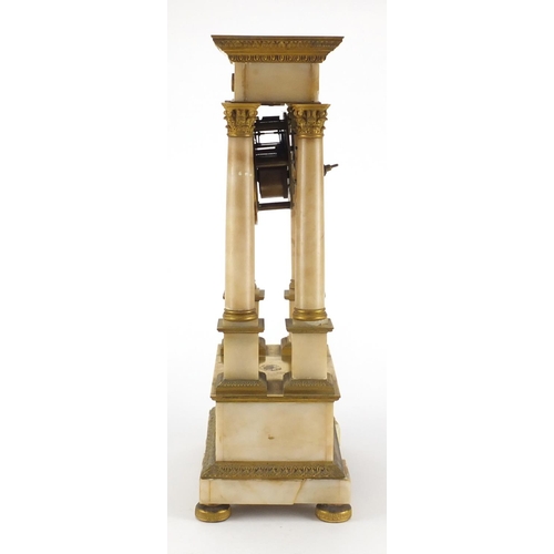 2177 - 19th century gilt metal and alabaster mantel clock, with enamelled dial and Roman numerals, the dial... 