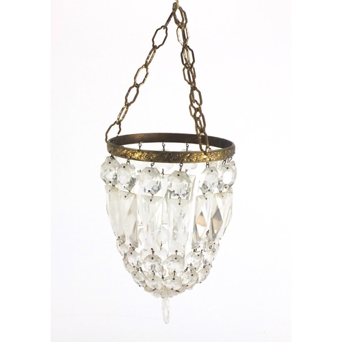 443 - Victorian brass bag chandelier with glass drops, 14,5cm in diameter