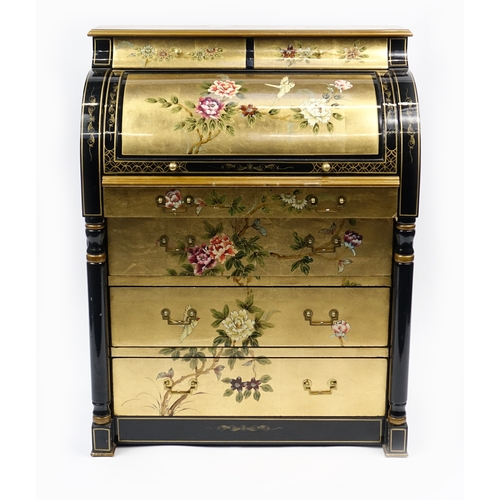 2007 - Black lacquer and gilt work cylinder bureau, decorated with birds amongst flowers, 107.5cm H x 84cm ... 