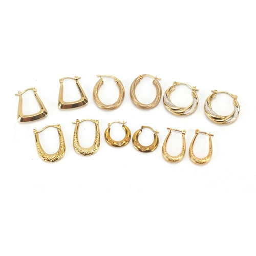 2450 - Six pairs of 9ct gold hoop earrings, the largest 2cm in length, approximate weight 6.4g