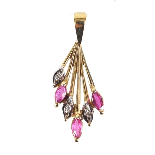 2460 - 9ct gold ruby and diamond pendant, 2.5cm in length, approximate weight 1.1g