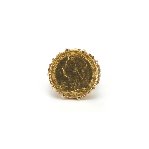 2424 - Victorian 1896 gold half sovereign with 9ct gold ring mount, size Q, approximate weight 9.0g