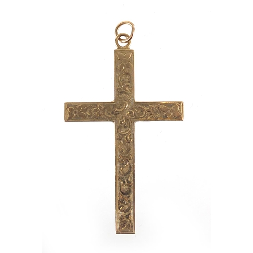 2448 - Large 9ct gold cross pendant, with engraved decoration, 6cm in length, approximate weight 5.3g