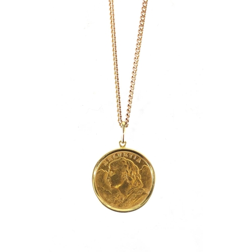2418 - 1909 twenty franc gold coin with 18ct gold pendant mount on a 9ct gold necklace,  approximate weight... 