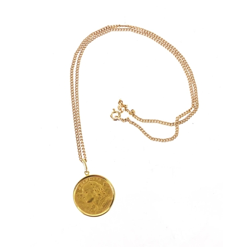 2418 - 1909 twenty franc gold coin with 18ct gold pendant mount on a 9ct gold necklace,  approximate weight... 