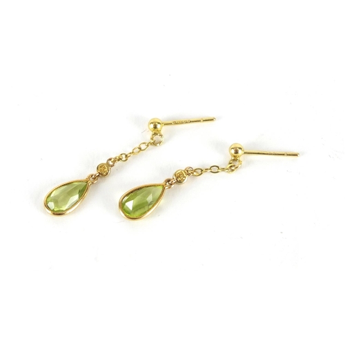 2444 - Pair of 9ct gold peridot and seed pearl drop  earrings, 3cm in length, approximate weight 1.1g