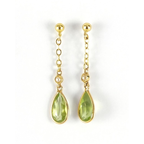 2444 - Pair of 9ct gold peridot and seed pearl drop  earrings, 3cm in length, approximate weight 1.1g