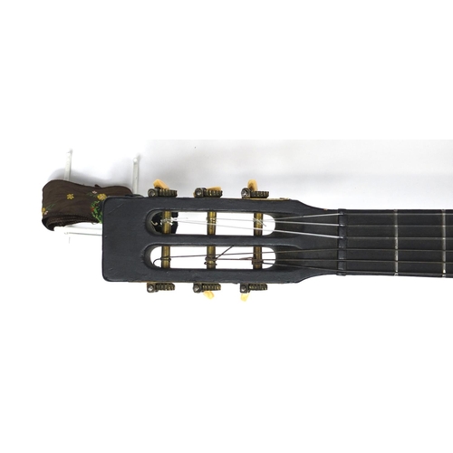 2075 - Early 20th century six string acoustic guitar with bone tuning keys, dated 9th November '18, 91cm in... 