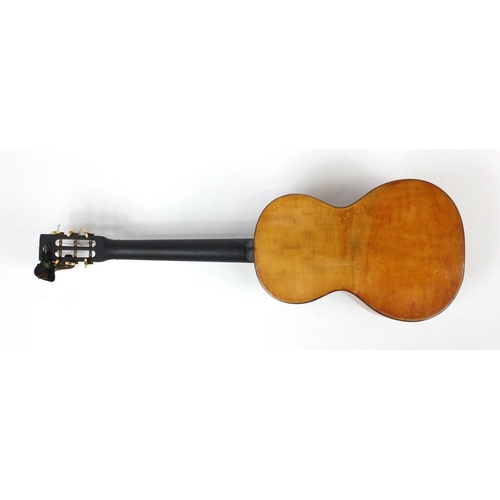 2075 - Early 20th century six string acoustic guitar with bone tuning keys, dated 9th November '18, 91cm in... 