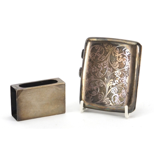 2402 - Rectangular silver cigarette case and matchbox cover, the cigarette case with engraved floral decora... 