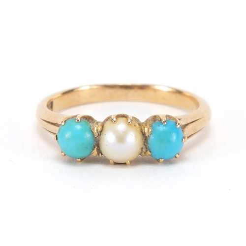 2451 - 18ct gold pearl and turquoise ring, size M, approximate weight 3.3g