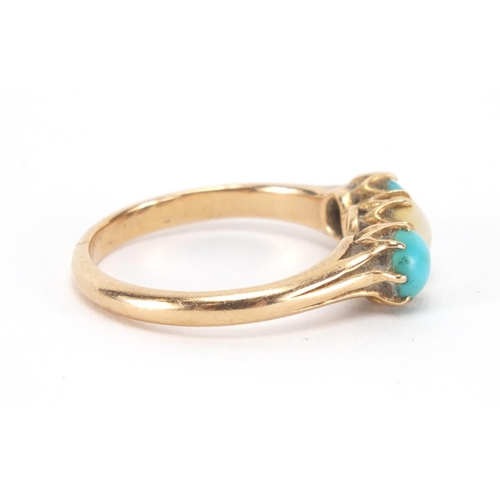 2451 - 18ct gold pearl and turquoise ring, size M, approximate weight 3.3g