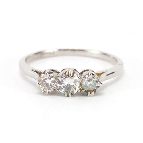 2459 - Platinum diamond three stone ring, size L, approximate weight 2.5g