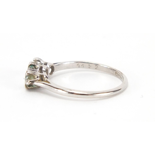 2459 - Platinum diamond three stone ring, size L, approximate weight 2.5g
