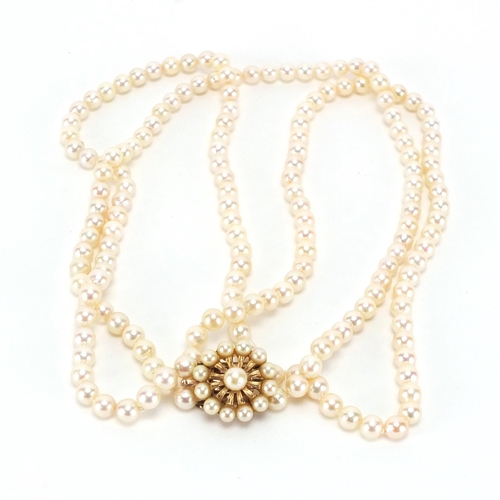 2468 - Cultured pearl three row necklace, with 9ct gold clasp, 32cm in length, approximate weight 53.8g