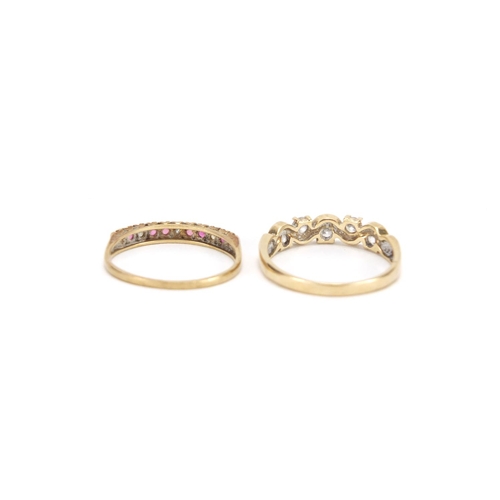 2469 - Two 9ct gold half eternity rings set with pink and clear stones, sizes N and Q, approximate weight 3... 