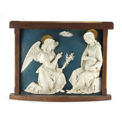 2057 - 19th century Hand painted plaster plaque - The Annunciation, housed in an oak frame, inscribed 2591 ... 