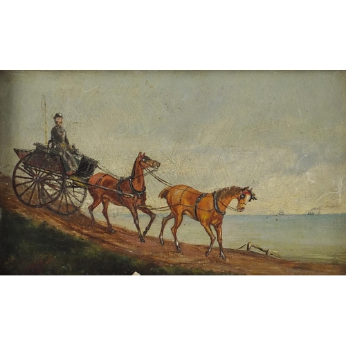 2167 - Horse drawn carriage beside the sea, 19th century continental school oil on canvas, inscribed verso,... 