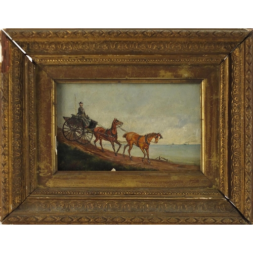 2167 - Horse drawn carriage beside the sea, 19th century continental school oil on canvas, inscribed verso,... 